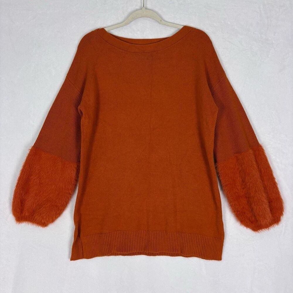 Anthropologie Women's Orange Boat Neck with Fuzzy Sleeve Pullover Sweater XL